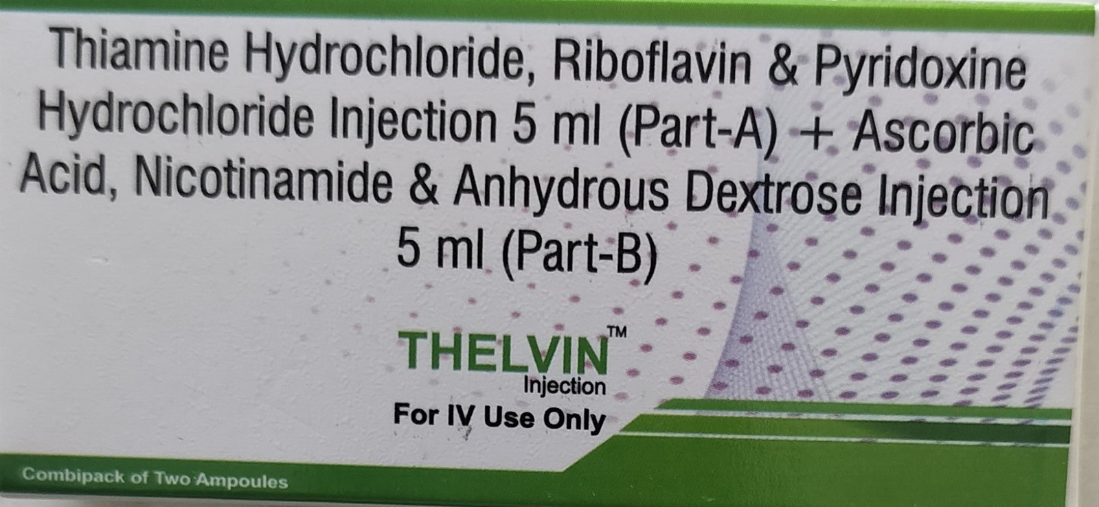 Thiamine hydrochloride 250mg + Riboflavin 4mg+pyridoxine hydrochloride 50mg(part A/5ml injection And Ascorbici acid 500mg+ Niacinamide 160mg + Anhydrous dextrose 1000mg (part B) /5 ml